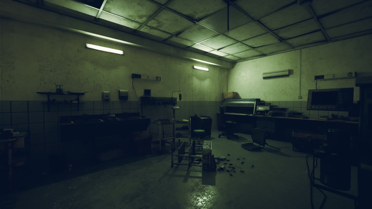 Desolate industrial kitchen with dim lighting and scattered clutter at night