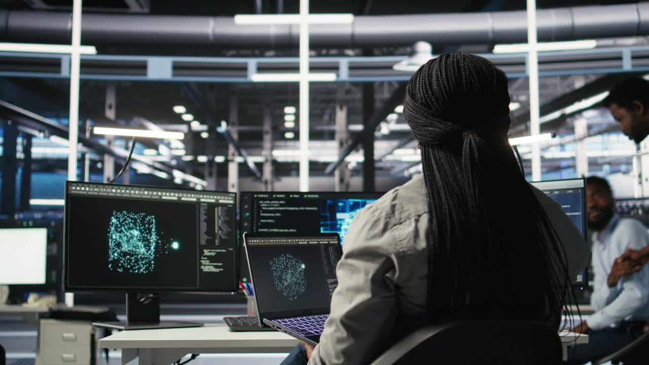 Server room IT expert using laptop to apply artificial intelligence technology