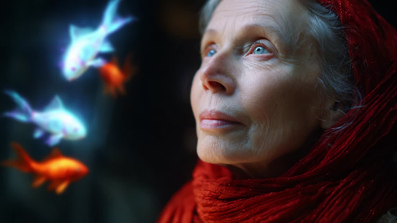Captivating Serenity: A Woman in a Red Scarf Gazes Dreamily at Enchanted Fish Swimming Around Her, Blending Reality with Fantasy in a Magical Moment of Reflection and Stillness