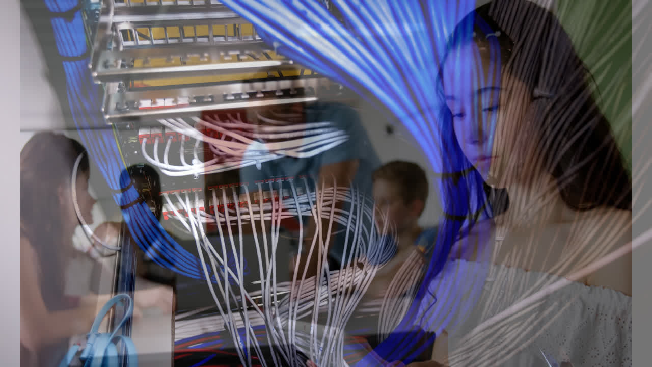 Animation of computer server over schoolgirl wearing tablet