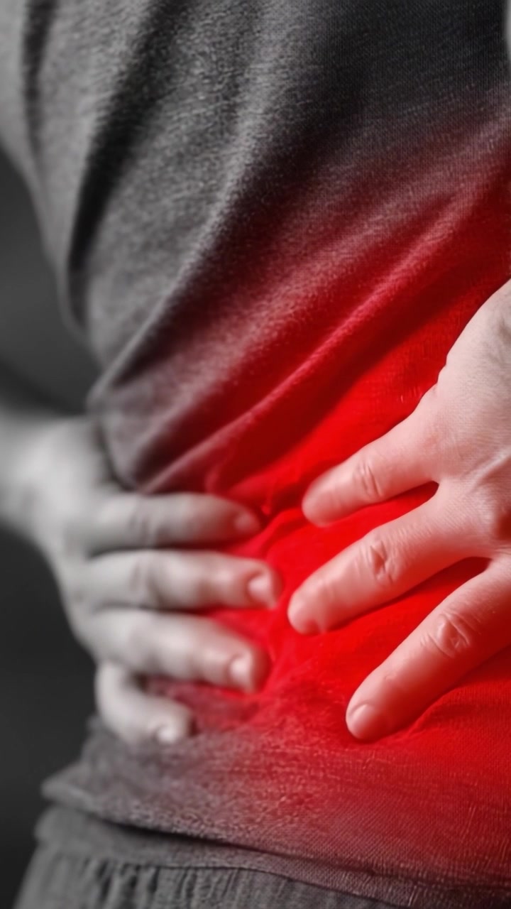 A Person Experiencing Acute Discomfort, Grasping Their Lower Back, Highlighted in Red to Illustrate the Intensity of Pain in the Lower Lumbar Region