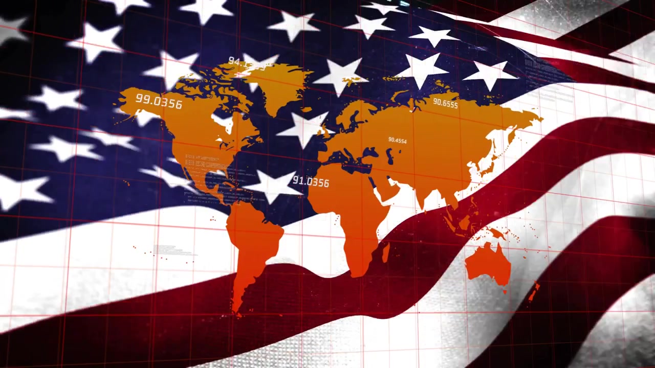 Bandiera statunitense che sventola, mappa arancione che si deforma, etichette dati che si spostano, panoramica e zoom che mostrano dati patriottici