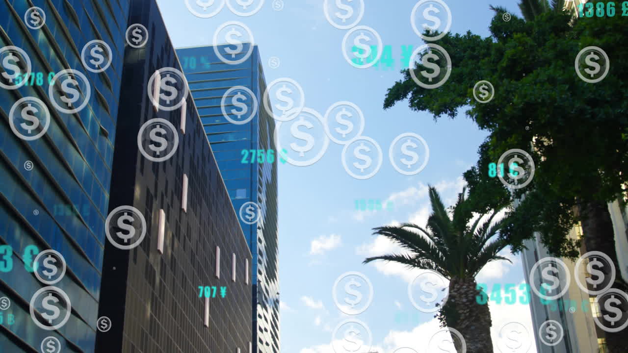 Animating dollar signs and financial data over cityscape with skyscrapers and palm trees