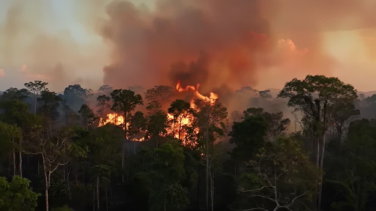 Intense Forest Fire Ravaging Amazon Rainforest During Dry Season in Late Afternoon