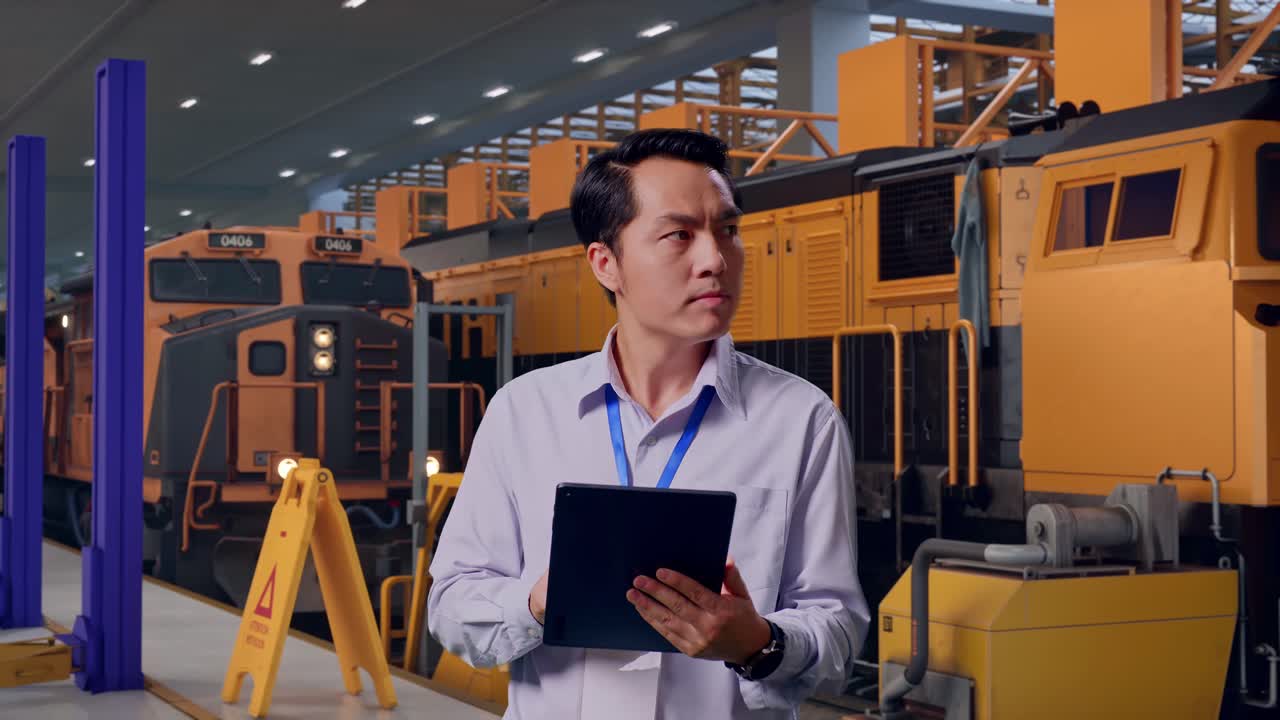 Asian Male Professional Worker Standing With His Tablet, Train Maintenance Engineers in a Depot, He Observes By Looking Around Before He Come To Concentrating With His Tablet