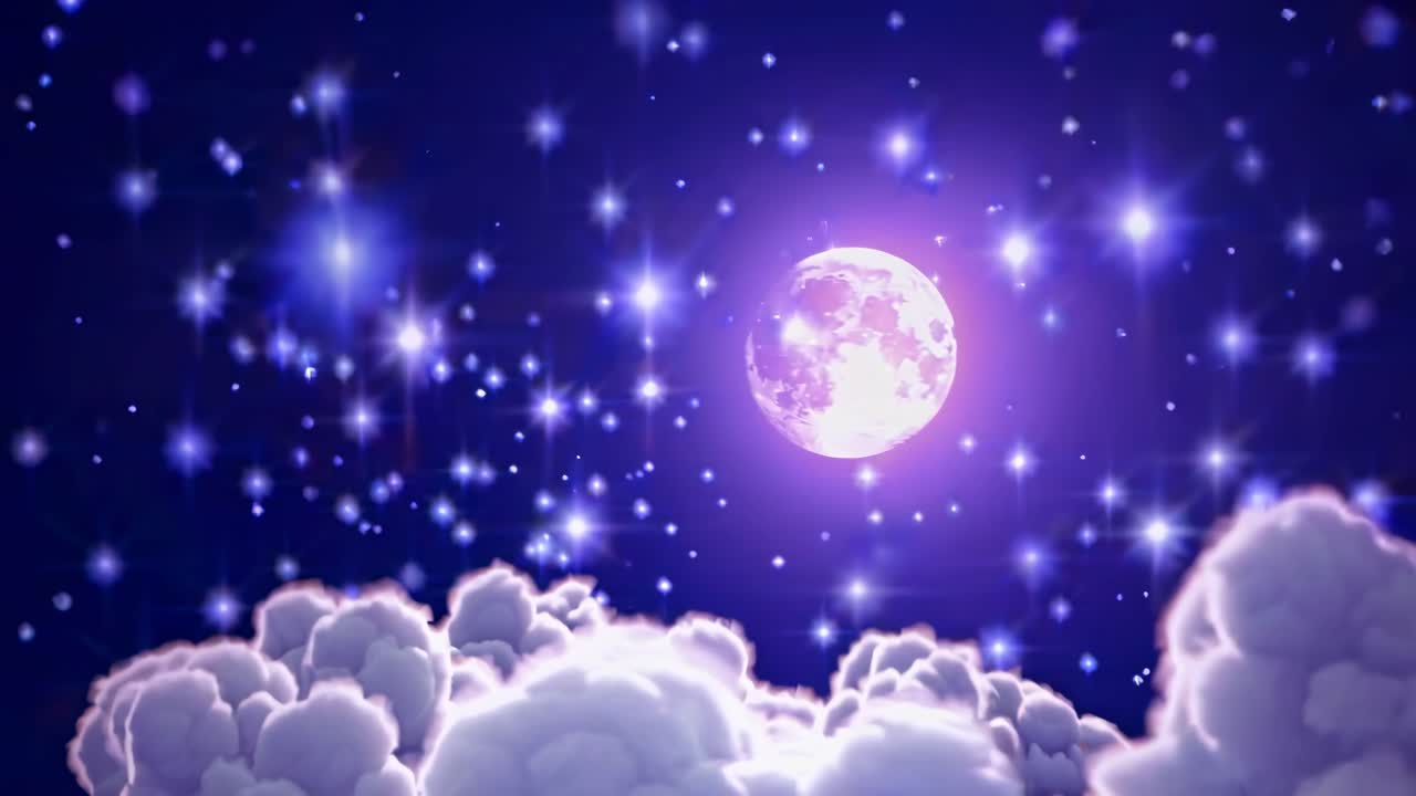 A dreamy night sky video scene with a full moon and twinkling stars, viewed from a low angle