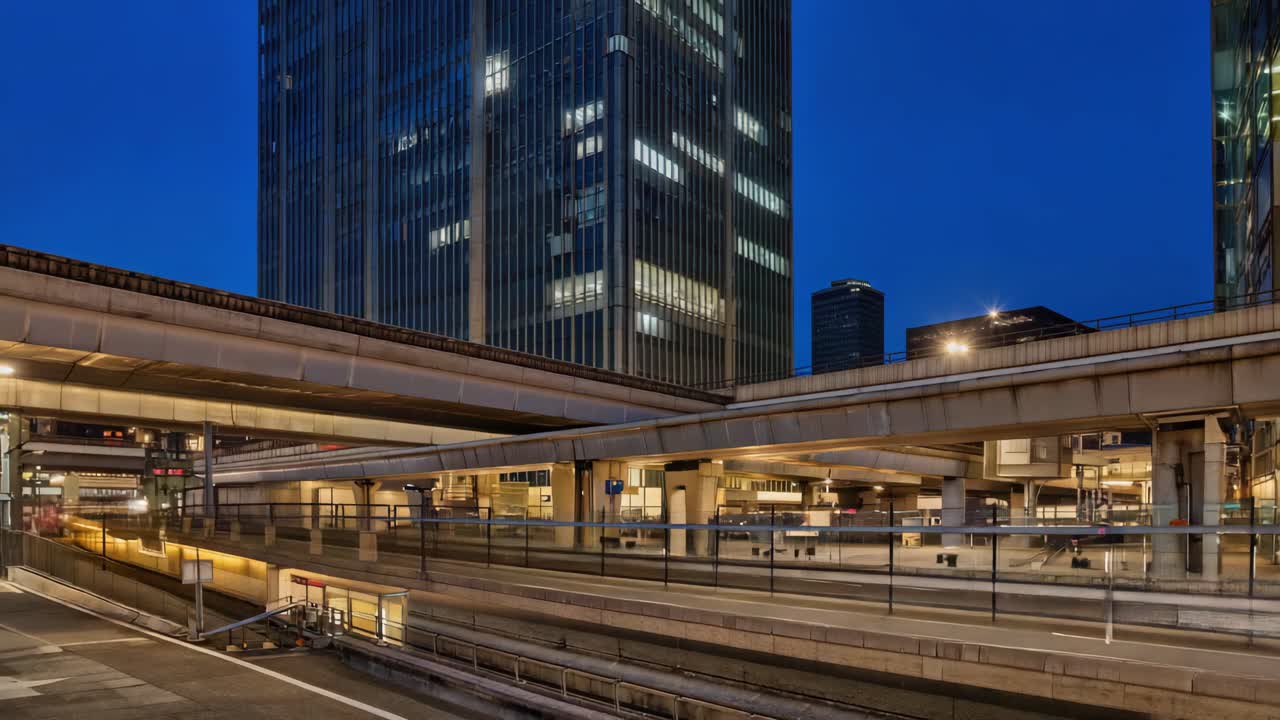 Cityscape at night with modern architecture and transportation