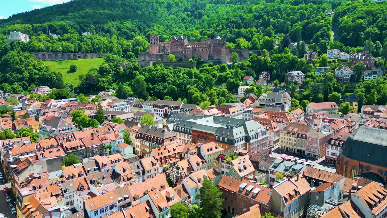 4K Aerial Drone Video of Historic Homes with Castle on Königstuhl Hill overlooking Heidelberg, Germany