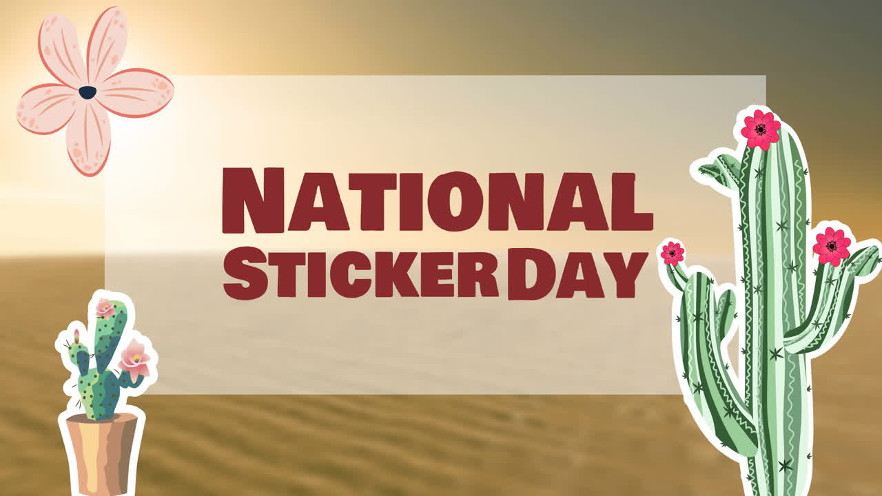 사막 위에 있는 국가 스티커 날 텍스트와  ⁇ 투스 아이콘의 애니메이션