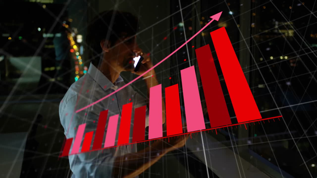 Businessman talking on phone with upward red bar graph overlay animation