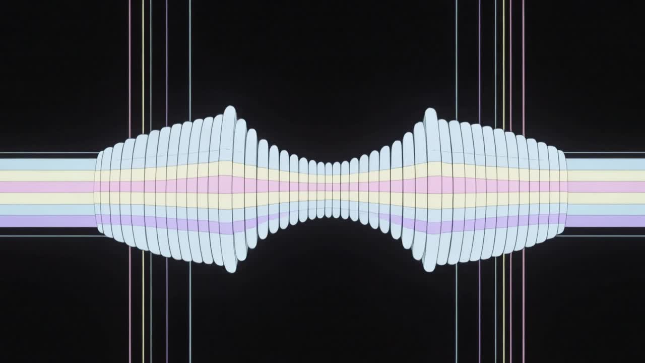 Animating pastel ribbon pulsing, splitting and joining on black field, with white slices and guides