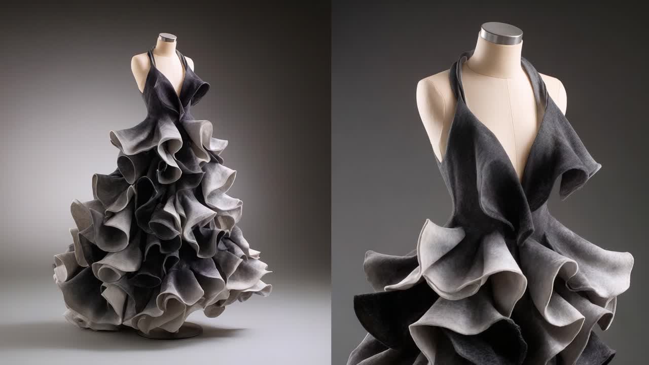 An Elegant Dress Featuring Artistic Ruffles and Contrasting Textures, Perfectly Designed for Dramatic Fashion Statements, Showcasing Impressive Craftsmanship and Innovative Design