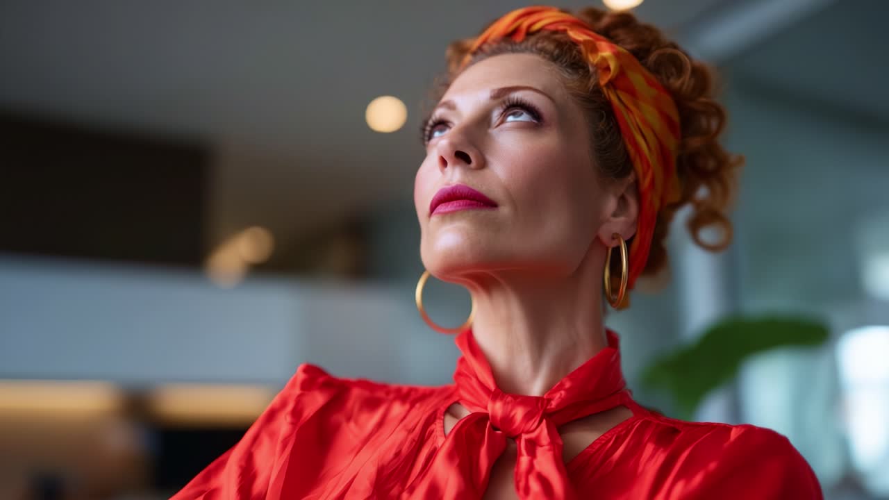 Selbstbewusste Frau in auffälligem roten Outfit mit lockigem Haar und buntem Stirnband, die in einem modernen Interieur posiert und Eleganz und Empowerment ausstrahlt