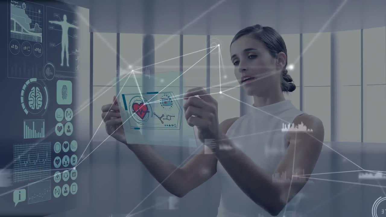 animación de la interfaz de anatomía, puntos conectados, mujer caucásica usando tecnología futurista