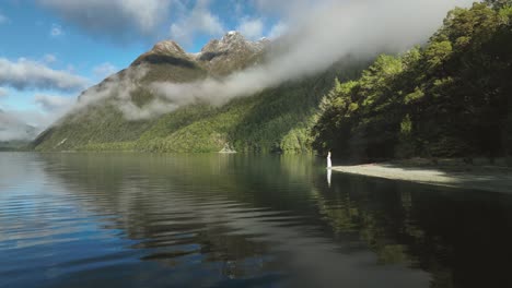 mystery woman in elegant dress standing on shore of alpine lake in sunshine