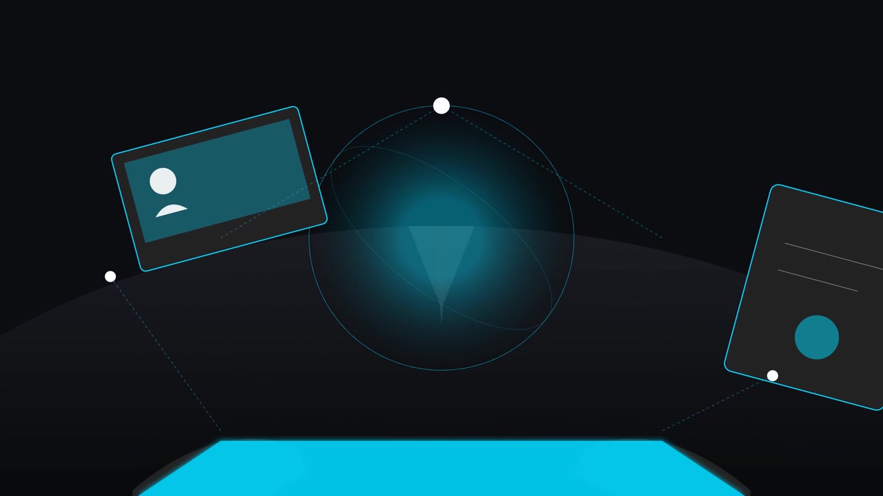 Abstract Digital Interface with Glowing Funnel and Floating Data Panels