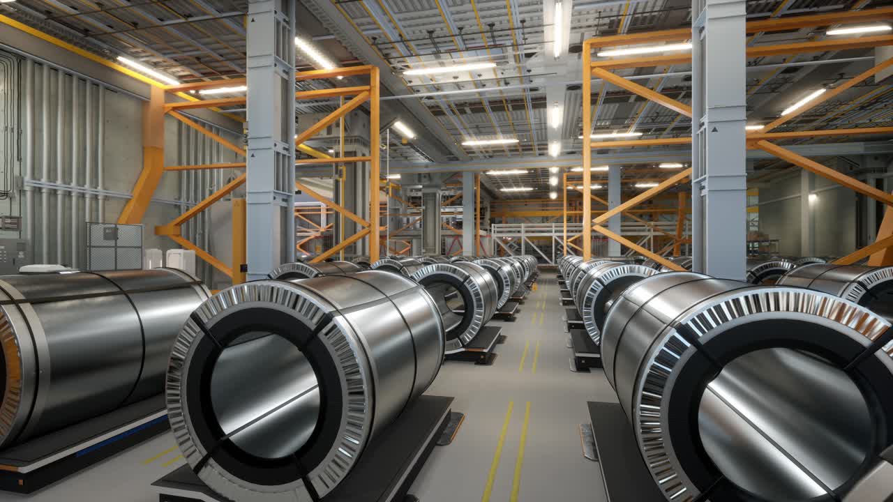 taller industrial y almacén para el almacenamiento y distribución de productos de una planta metalúrgica. el acero enrollado se almacena en filas en un almacén moderno