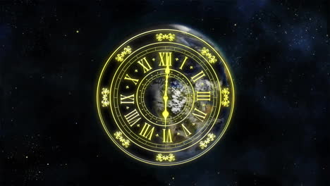 Animation-of-clock-showing-midnight-and-spots-of-light-on-black-background