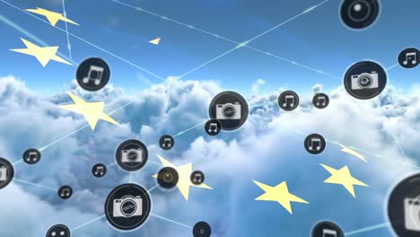 Animation-of-network-of-connection-and-icons-over-ue-flag-and-cloudy-sky