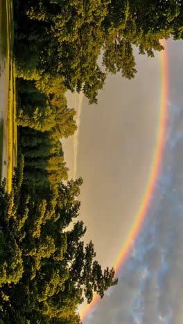 rainbow arcing over trees by a river