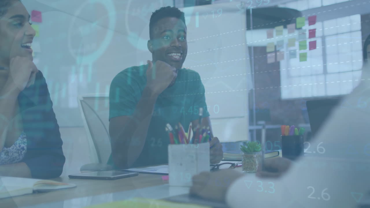 Animation of financial data processing over diverse business people in office