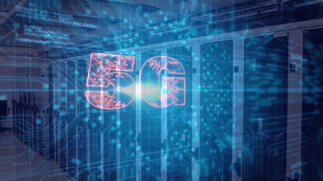 Server racks emitting streaming data through grid overlay with 5G holographic icon in 3D render