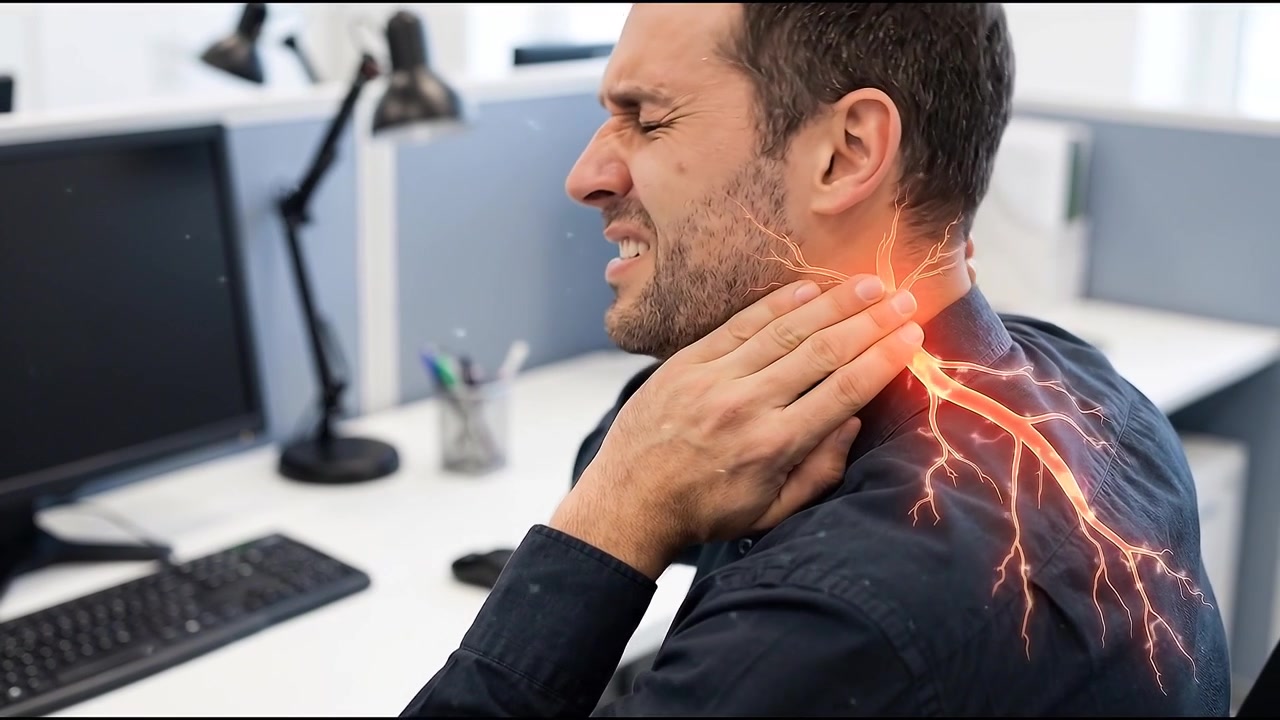Impiegato d'ufficio che soffre di forte dolore al collo e tensione muscolare