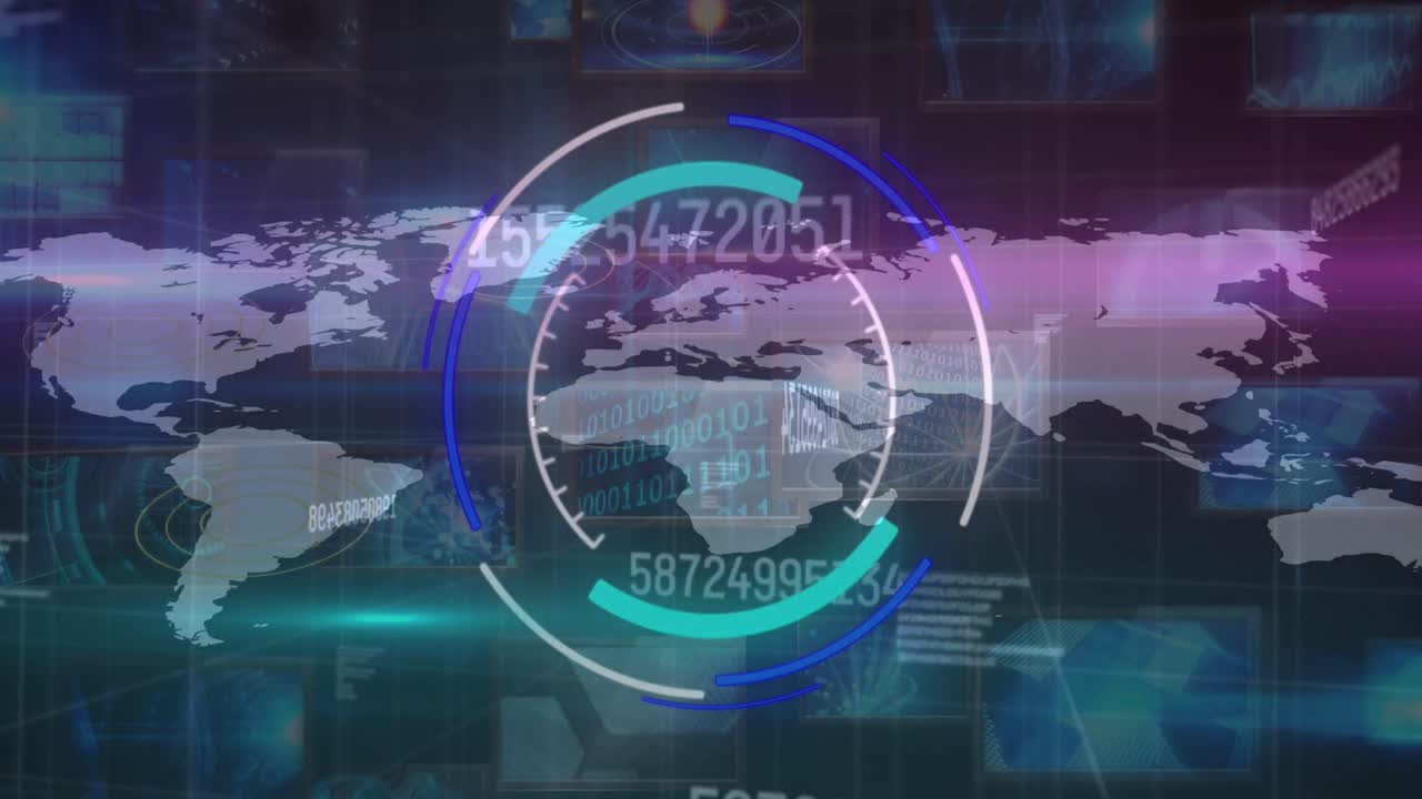 animación de escaneo de alcance y procesamiento de números sobre el mapa del mundo