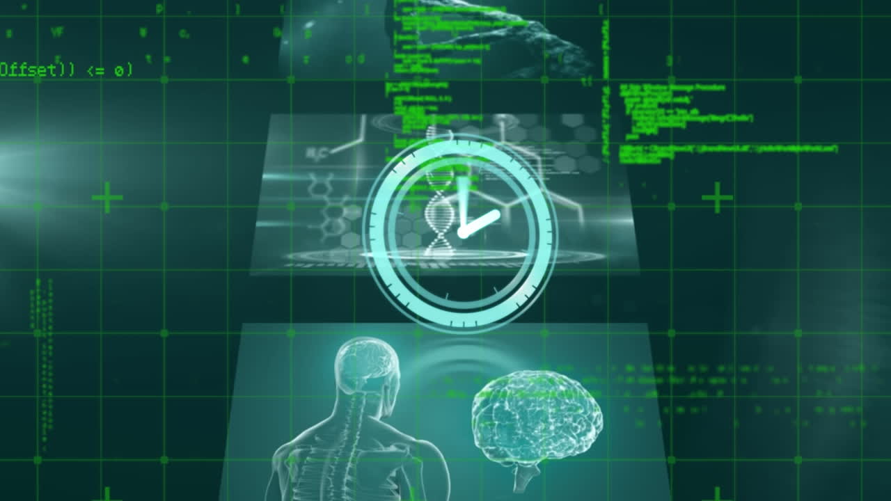 animación de reloj de neón en múltiples pantallas de procesamiento de datos contra un fondo azul.