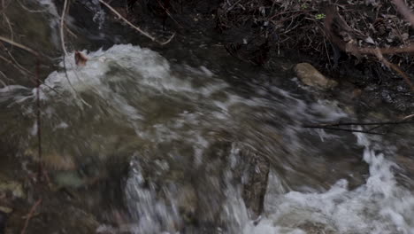 Pequeña-Cascada-De-Riachuelo-Salpicando-Sobre-Roca-En-El-Bosque-De-Primavera