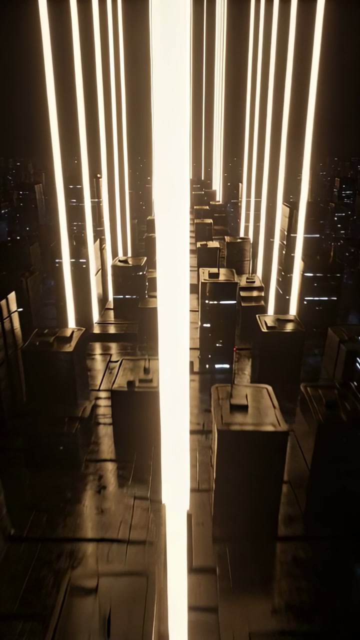 Advancing camera descending between central luminous pillar and parallel columns over metal roofs
