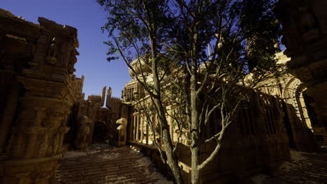 ancient temple ruins bathed in soft sunlight with lush greenery