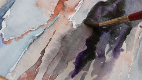 Loose-watercolor-brushstroke-on-abstract-painting,-closeup
