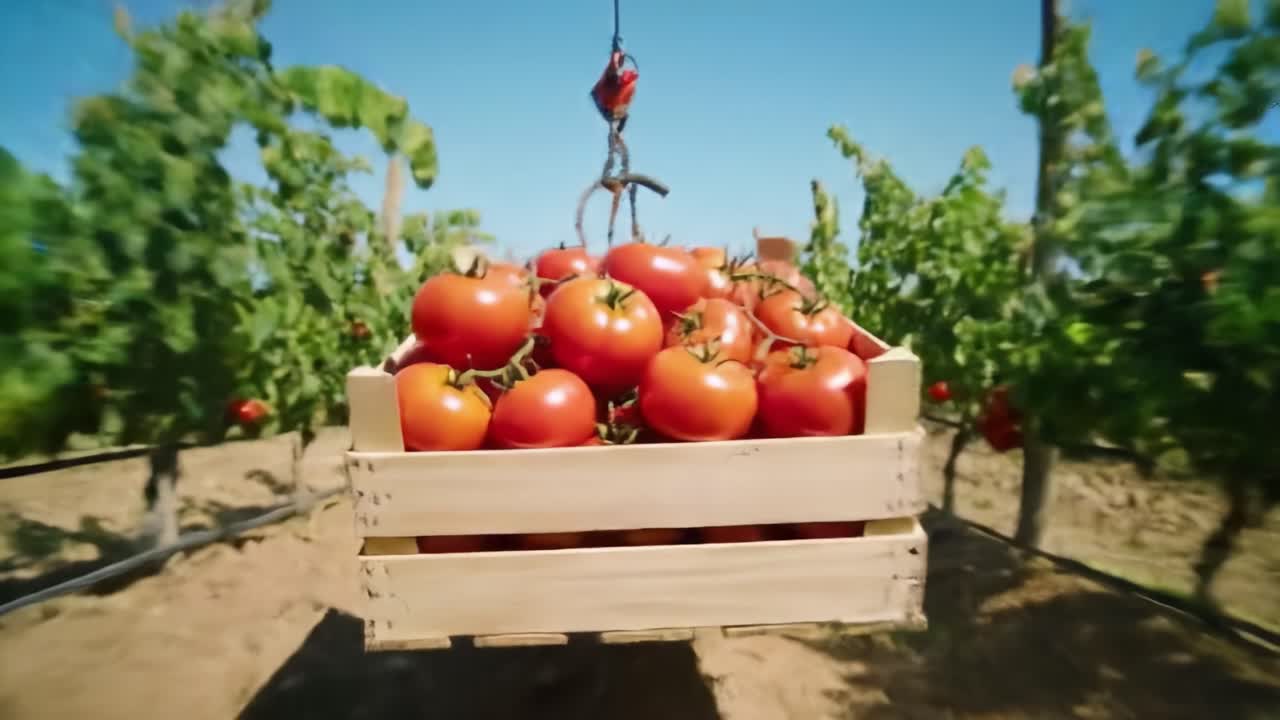 A wooden crate filled with fresh, ripe tomatoes is lifted by a crane in a vibrant green field. The sun illuminates the surrounding plants, showcasing the joyful harvest season.