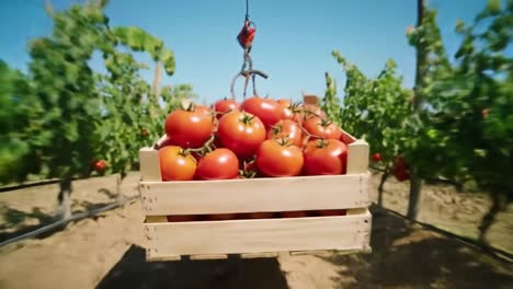 a wooden crate filled with fresh, ripe tomatoes is lifted by a crane in a vibrant green field. the sun illuminates the surrounding plants, showcasing the joyful harvest season.