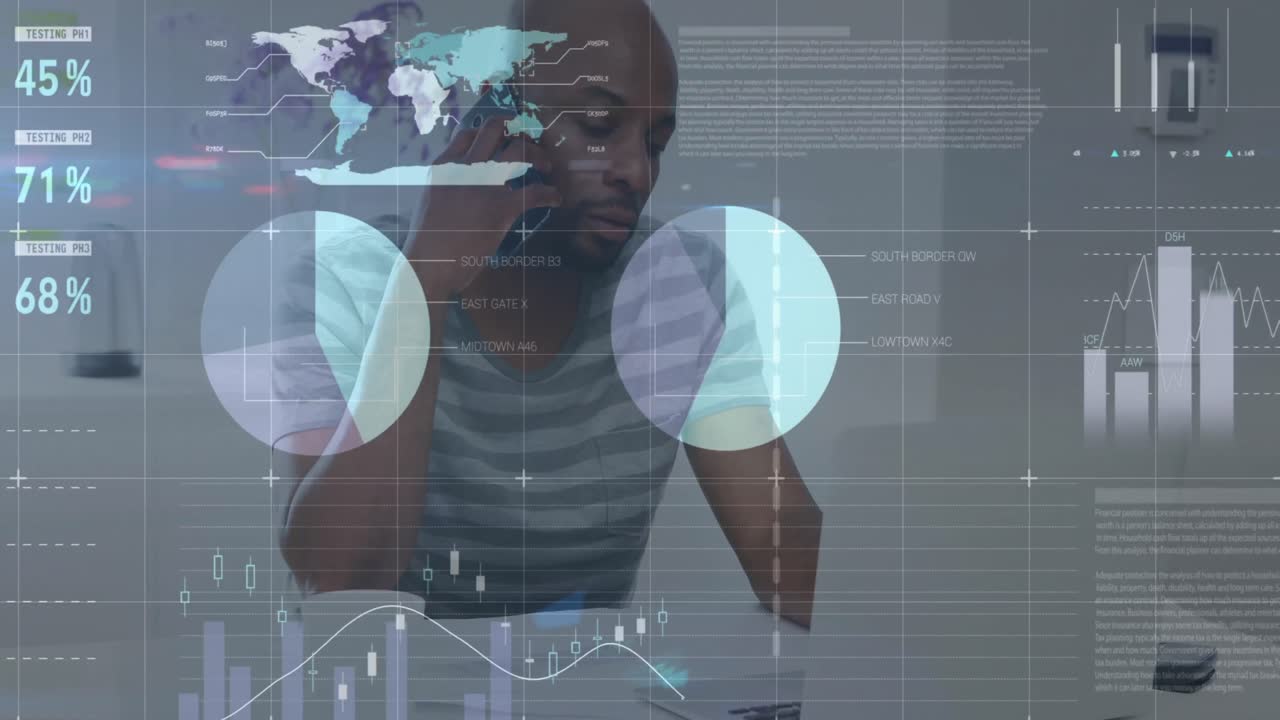 Animation of statistical data processing over african american man talking on smartphone at office