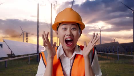 close up of asian female engineer with safety helmet smiling to camera and saying wow with solar panel and wind turbines