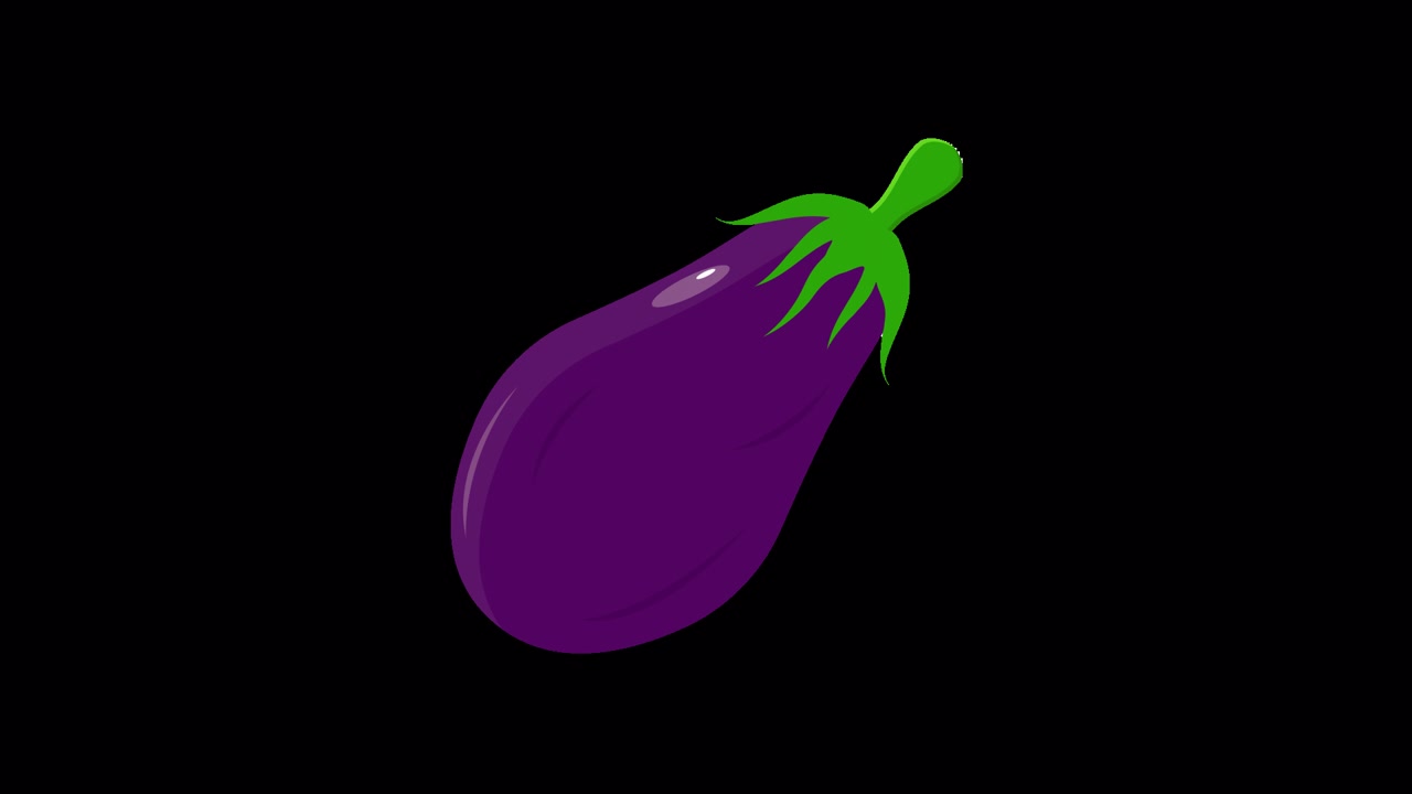 Animerad aubergine som dyker upp och försvinner på svart bakgrund
