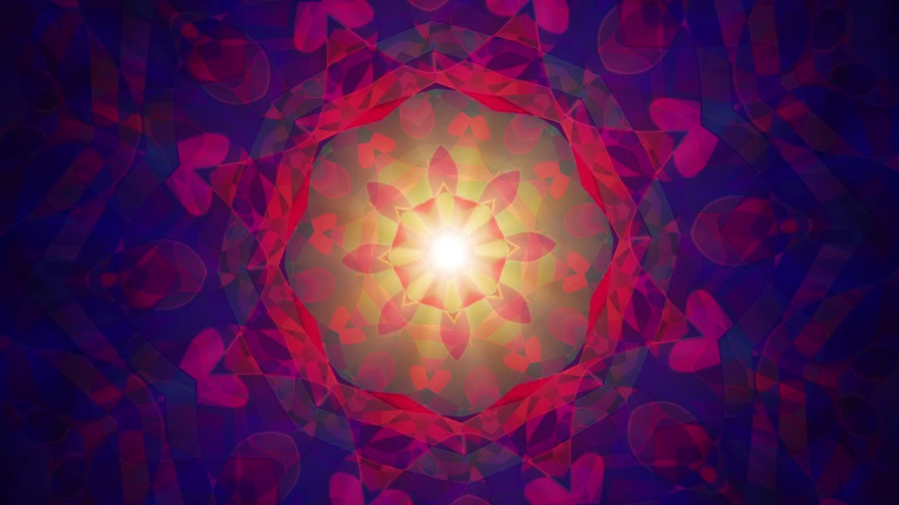 Red and Blue Abstract Kaleidoscopic Mandala – Swirling Flower Pattern in Seamless Loop