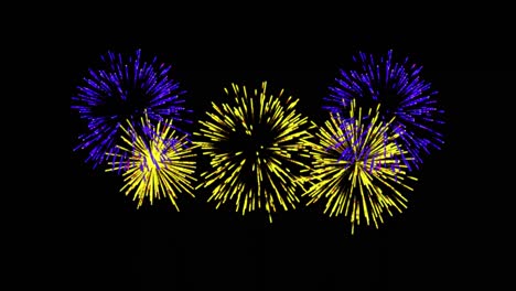 Animation-of-yellow-and-purple-christmas-and-new-year-fireworks-exploding-in-night-sky