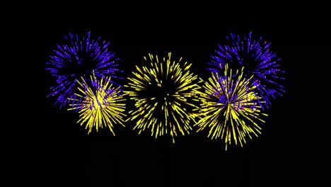 animación de navidad amarilla y púrpura y fuegos artificiales de año nuevo explotando en el cielo nocturno