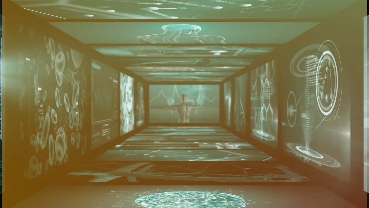 animación de pantallas con procesamiento de datos médicos y punto de luz contra fondo gris