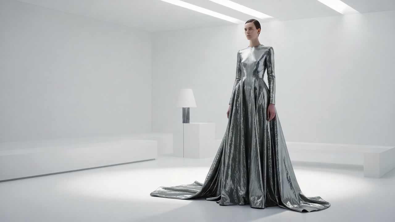 A Stunning Showcase of Modern Elegance: A Model Dons a Shimmering Silver Gown in a Minimalist Setting, Highlighting Contemporary Fashion and Style Trends