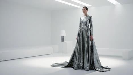 a stunning showcase of modern elegance: a model dons a shimmering silver gown in a minimalist setting, highlighting contemporary fashion and style trends