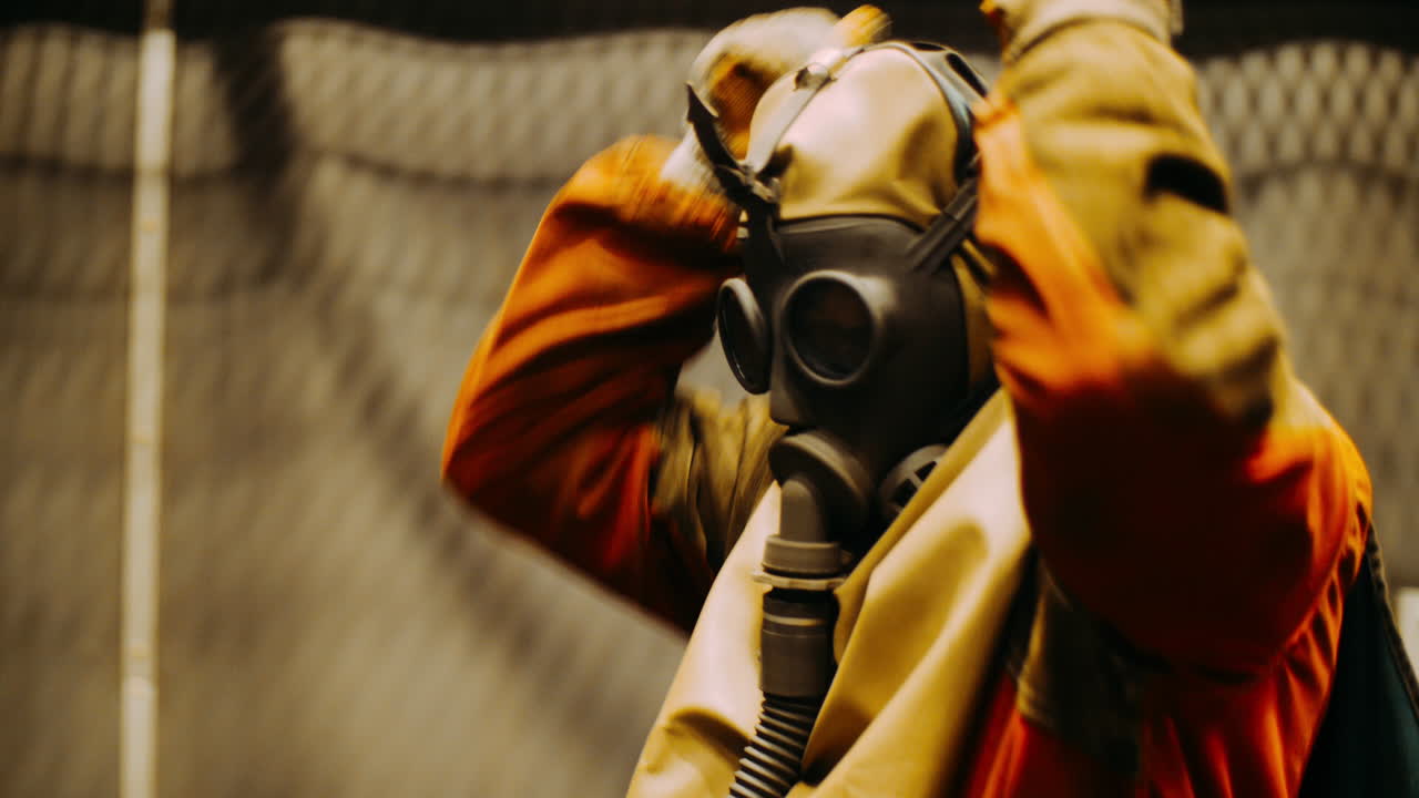 hombre con máscara de gas protectora. máscara de gas con manguera flexible de corrugado de conexión