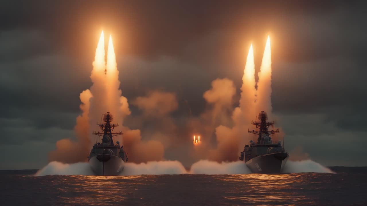 Kraftfull maritim fremvisning: To krigsskip skyter ut missiler under dramatisk himmel, og viser avansert militær kapasitet og maritim styrke i et imponerende visuelt skue