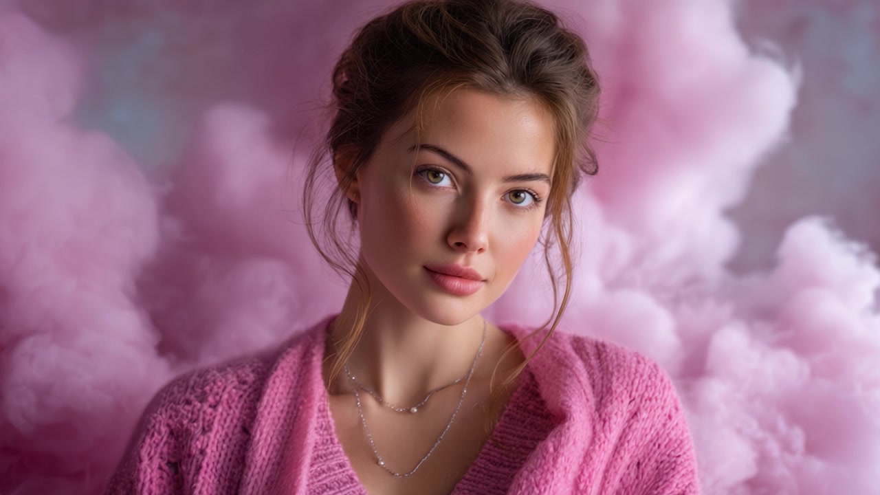 Un ritratto di calma: una giovane donna in maglione rosa circondata da fumo rosa etereo, che cattura un momento di serenità e riflessione in una luce splendida
