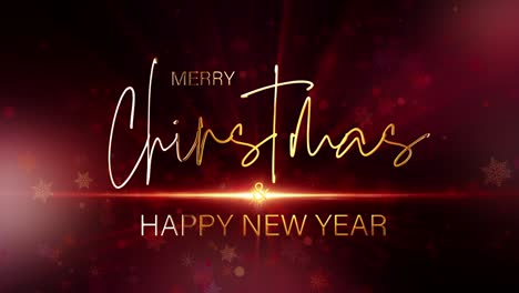 merry christmas and happy new year golden shining lettering with beautiful flare light and light leak with falling snowflake particles background. 4k seamless looping christmas new year festive title.
