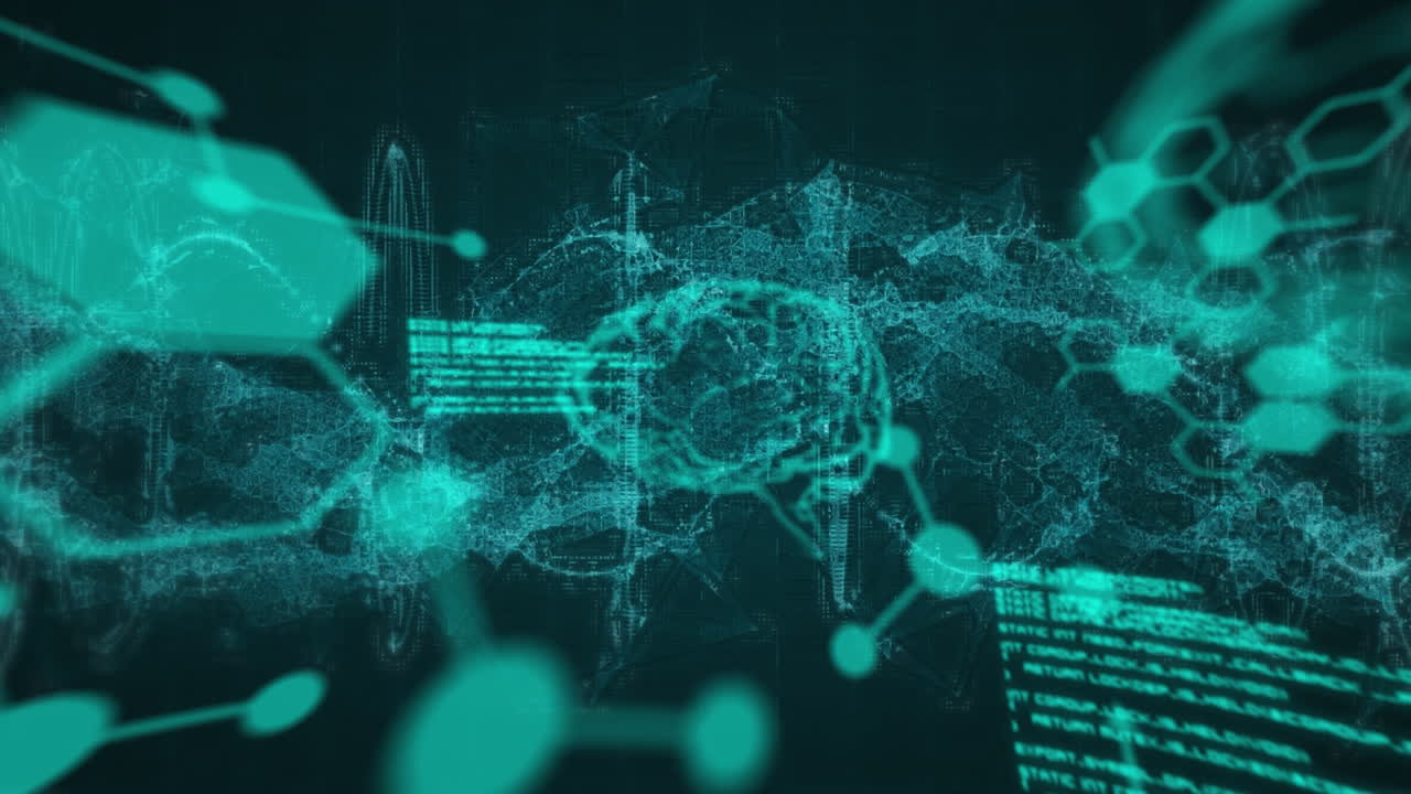 검은색 디지털 배경에 뇌를 통해 다양한 데이터 처리의 애니메이션