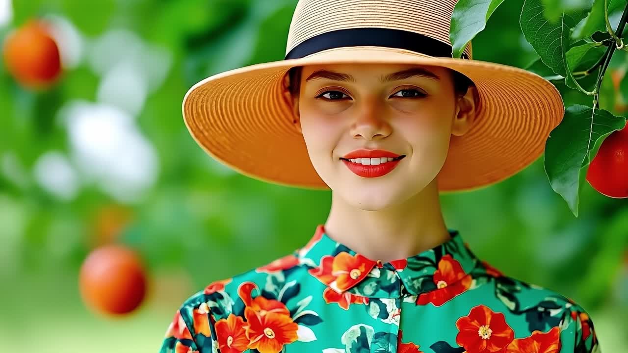 A woman wearing a hat standing in front of an orange tree